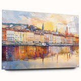 Acrylic print of Lyon, France with vivid blue and green tones, ideal for dining room decor.