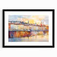 Abstract art print of Lyon scenery in vibrant, colorful hues on a large framed canvas, ideal for living room decor.