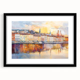Abstract art print of Lyon scenery in vibrant, colorful hues on a large framed canvas, ideal for living room decor.