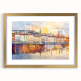 Abstract art print of Lyon’s cityscape in muted gold and blue tones on a framed canvas.