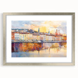 Extra large abstract art print of Lyon scenery with textured brush strokes in silver frame, suited for living room decor.