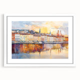 Textured abstract art print of Lyon, France in muted earth tones on a white framed mat, ideal for bedroom art.