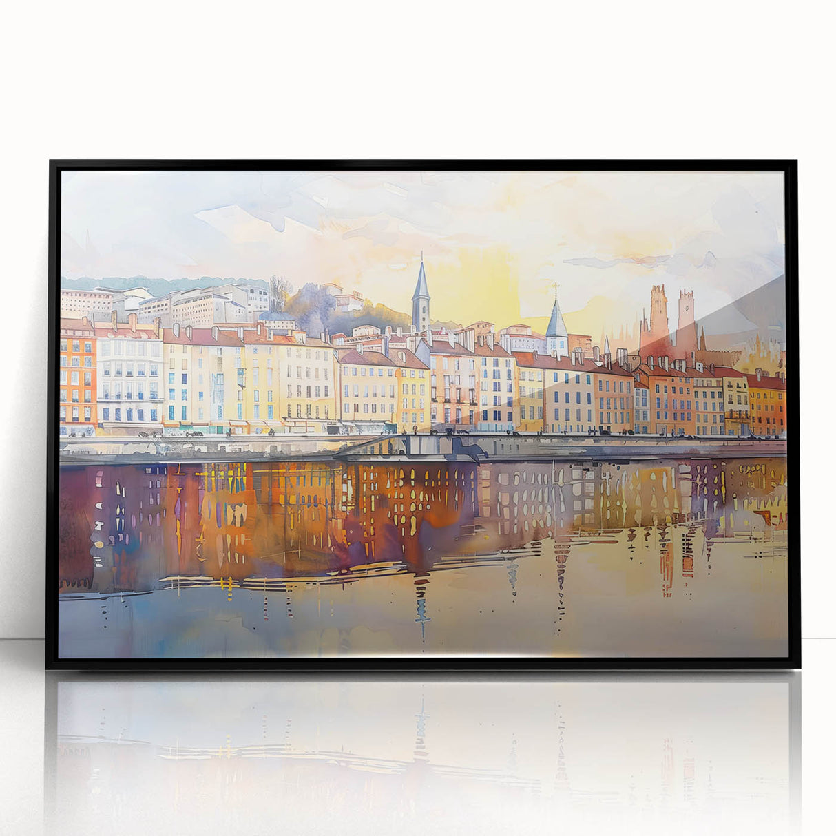 Large abstract wall art depicting a stylized Lyon cityscape in muted gray and blue tones, framed in black acrylic.