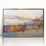 Art deco poster of Lyon, France, in muted gold tones on framed acrylic, suitable for modern art wall decor or nursery.