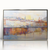 Large art print of Lyon, France skyline in muted gray tones on a framed acrylic, ideal for modern art wall decor.