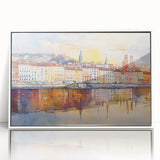 Mid-century modernist art of Lyon's skyline in muted earth tones on a white framed acrylic print.