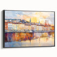 Black and white wall art of Lyon landscape on framed canvas, suitable for bedroom decor with a vintage poster style.