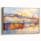 Framed canvas of vintage Lyon landscape in black and gold tones, ideal for bedroom wall art.