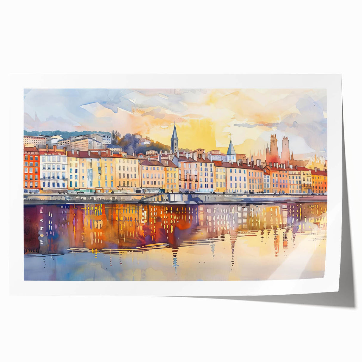 Rolled print of Lyon, France with detailed floral accents in soft pastel shades.