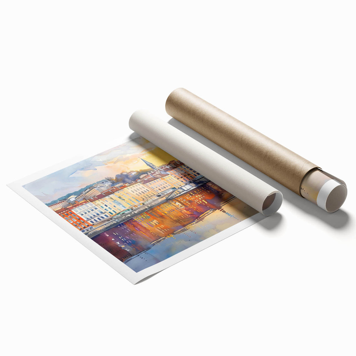 Extra large rolled print of Lyon, France, featuring vibrant floral elements and pastel shades.