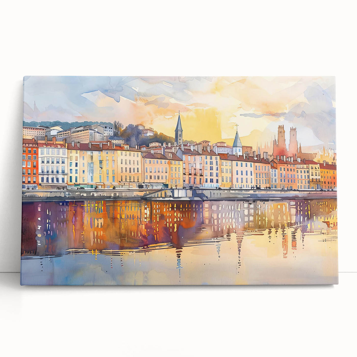 Black and white stretched canvas of Lyon cityscape, ideal for kitchen art, featuring large buildings in a minimalist style.