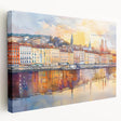 Large art print of Lyon, France skyline in muted earth tones on stretched canvas, suitable for kitchen wall art.