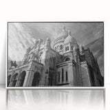 Mid-century modernist art of Paris skyline in muted gray and blue tones on framed acrylic, ideal for nursery wall art.