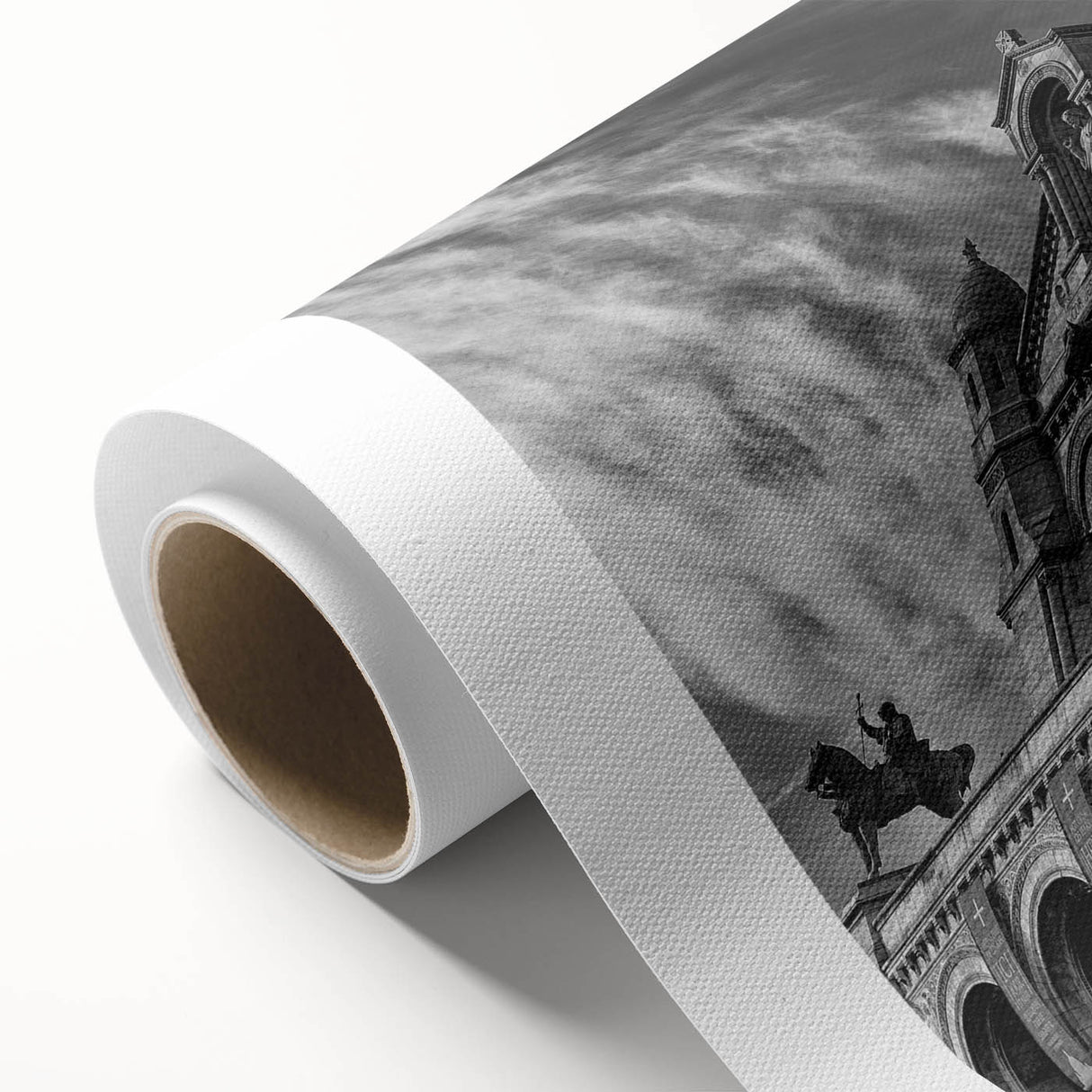 Art Deco poster of Paris scenery on rolled canvas, featuring muted blue and beige tones.