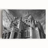 Black and white large art print of Paris street scene on stretched canvas, ideal for kitchen wall art or bedroom ambiance.