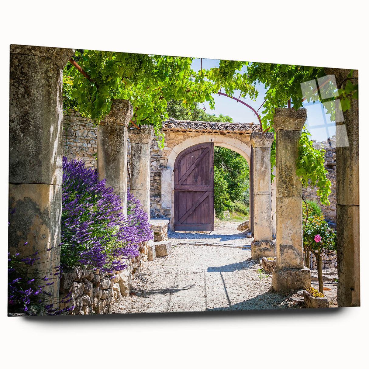 Large abstract wall art depicting a serene Provence landscape in muted earth tones on acrylic glass.