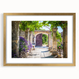 Extra large wall art depicting an abstract Provence scenery in textured gold and blue tones, framed with a mat.