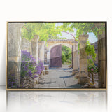 Large art print of a Provence, France scenery in mid-century modernist style, featuring muted earth tones on framed acrylic.