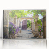 Art deco poster depicting a serene Provence landscape in soft pastel colors, framed in white acrylic.