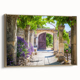 Landscape art painting of Provence with colorful fields and a black vintage poster style frame, ideal for living room decor.