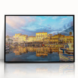 Large abstract wall art depicting a South France scenery in mid-century modernist style, framed in black acrylic.