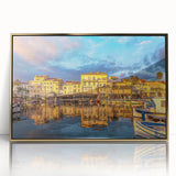 Acrylic print of a South France scenery in art deco style, framed in gold, ideal for modern art wall decor.