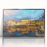 Large art print of a mid-century modernist French southern landscape in silver framed acrylic.