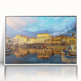 Mid-century modernist art depicting a serene South France landscape on white-framed acrylic, suitable for nursery wall art.