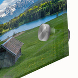 Large abstract wall art depicting a Bavarian landscape in pastel shades on acrylic glass, ideal for dining room ambiance.