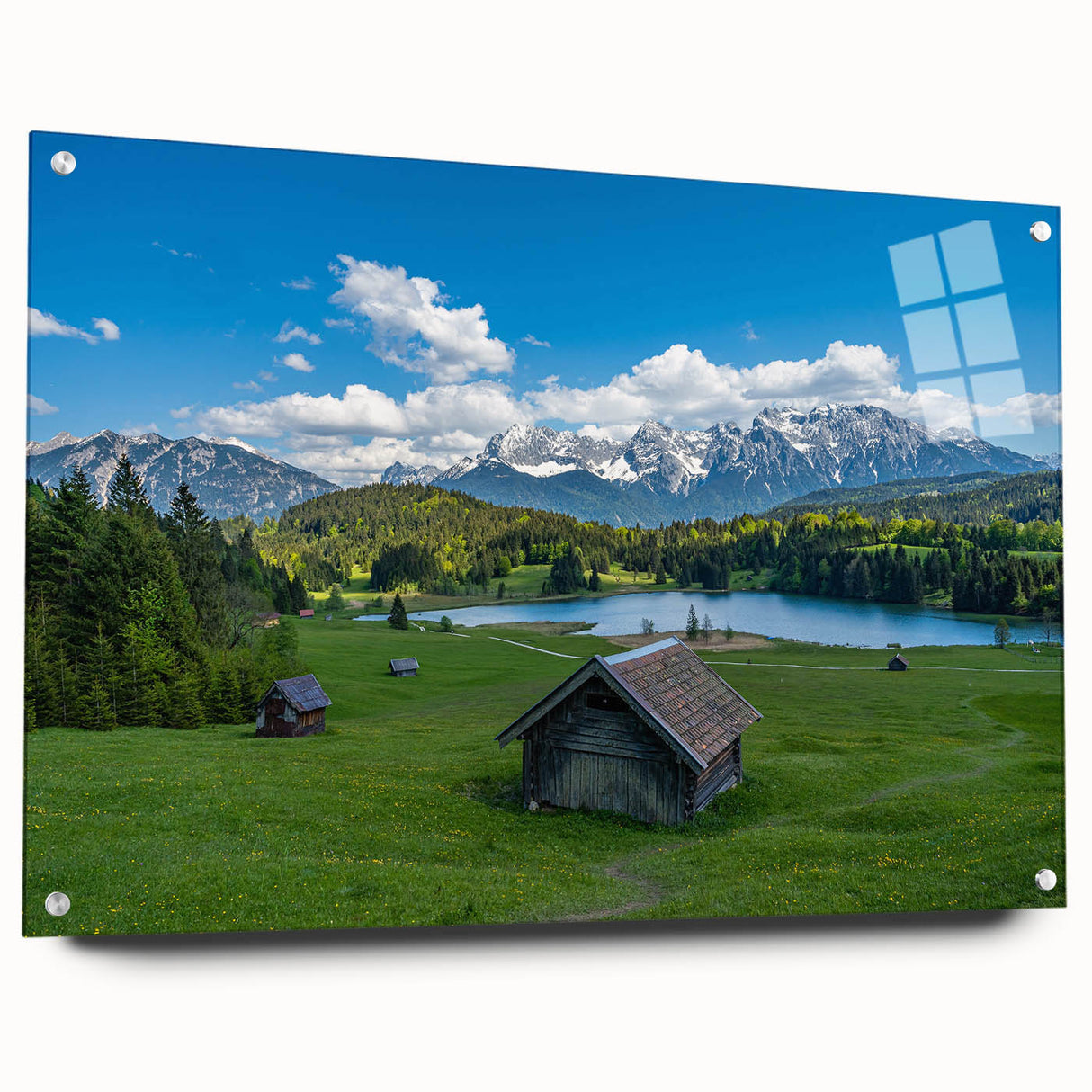 Acrylic print of a Bavarian landscape in muted greens and blues, ideal for enhancing dining room decor.