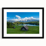 Extra large abstract art print of a colorful Bavarian landscape, textured on a black framed canvas.