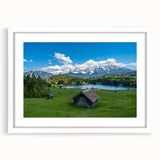 Textured art print of abstract Bavarian landscape in muted earth tones on a framed white canvas, ideal for bedroom art.