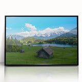 Large abstract wall art depicting a scenic Bavarian landscape in muted earth tones on a framed acrylic.