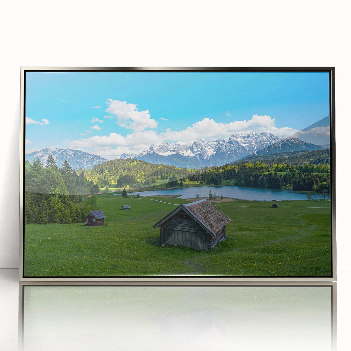 Large acrylic print of a Bavarian landscape in muted earth tones, framed in silver, suitable for modern art wall decor.