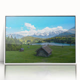 Mid-century modernist art depicting a serene Bavarian landscape in pastel shades, framed acrylic, ideal for nursery wall art.