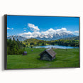 Black and white framed canvas of a Bavarian landscape, ideal for bedroom wall decor.