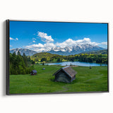 Black and white framed canvas of a Bavarian landscape, ideal for bedroom wall decor.