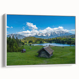 Vintage poster art of Bavarian scenery in vibrant colors on a large framed canvas, ideal for living room decor.