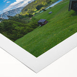 Art deco poster of a Bavarian landscape in muted earth tones on rolled canvas, suitable for dining room decor.