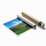 Extra large rolled print of a Bavarian landscape with vibrant green fields and floral elements.