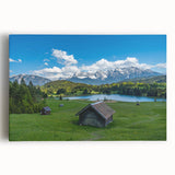 Black and white photograph of Bavarian landscape on stretched canvas, suitable as kitchen wall art or bedroom decor.