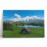 Black and white photograph of Bavarian scenery on a large stretched canvas, ideal for kitchen wall art.