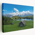 Large canvas print depicting a scenic Bavarian landscape in vibrant green and blue tones, ideal for kitchen wall art.
