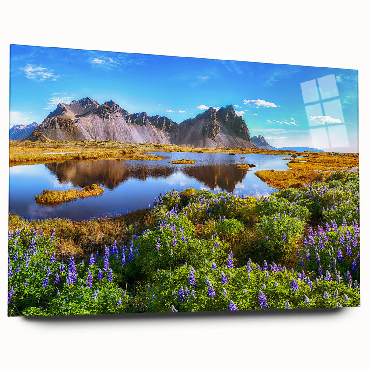 Large abstract wall art depicting an Icelandic scenery in muted blue and gray tones on acrylic glass.