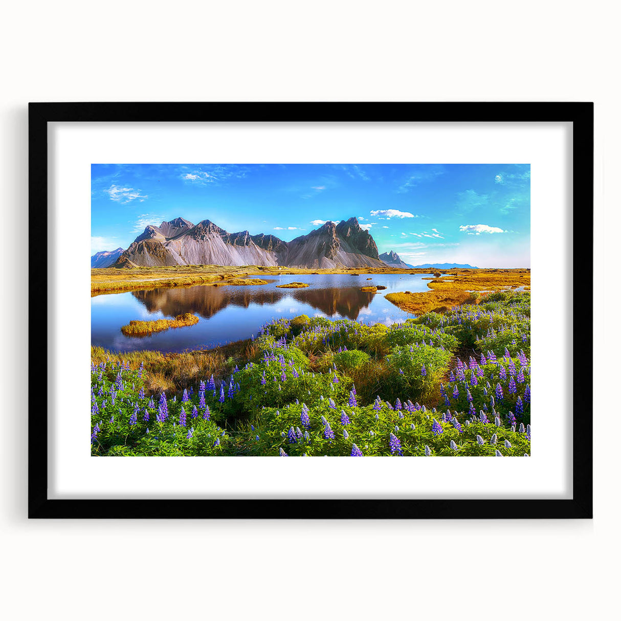 Extra large abstract art print of a colorful Icelandic landscape, textured style on a black framed canvas.