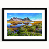 Extra large abstract art print of a colorful Icelandic landscape, textured style on a black framed canvas.