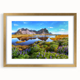 Abstract art print of a serene Icelandic landscape in muted blue and gray tones, framed in gold.