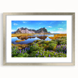 Extra large abstract art print of a textured Icelandic landscape in muted earth tones, framed in silver.