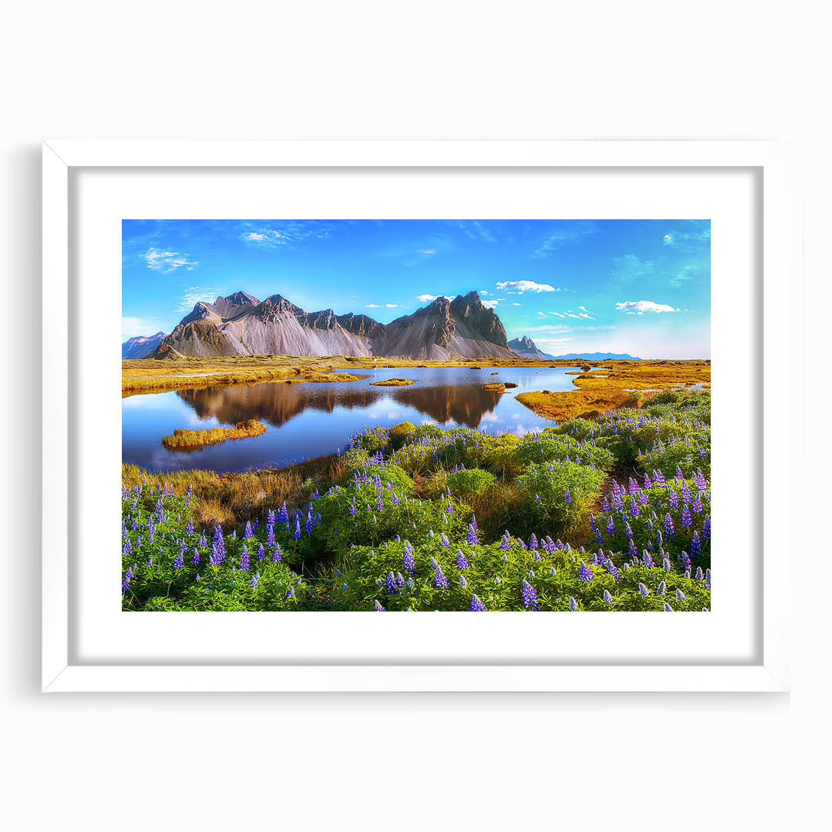 Textured abstract art print depicting a serene Icelandic landscape in muted blue and grey tones, framed with a white mat.