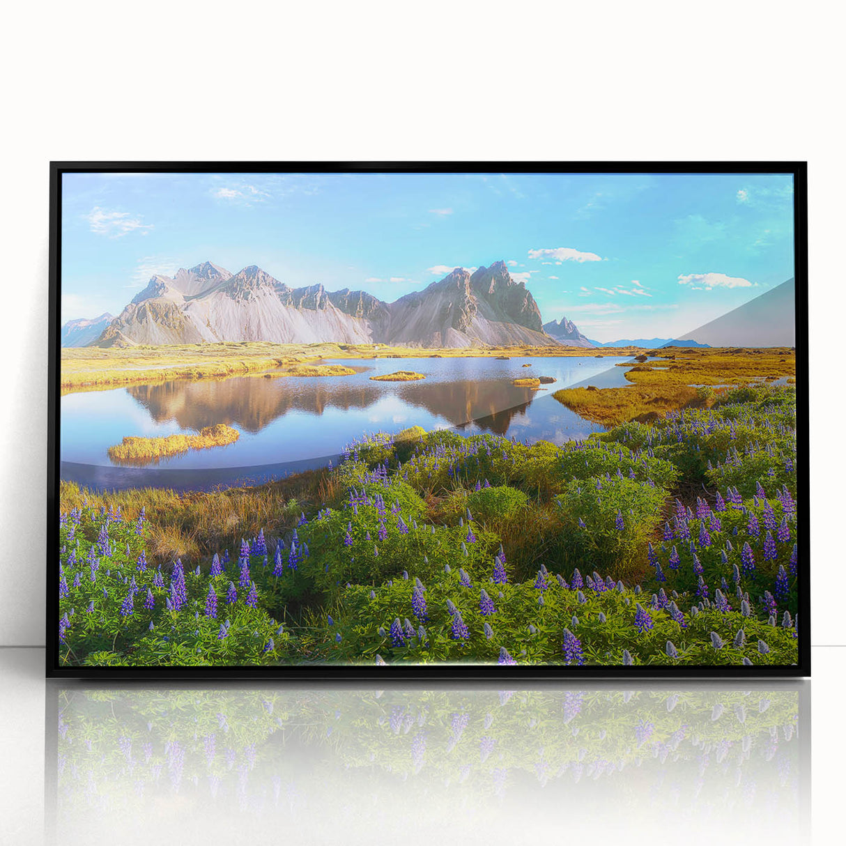 Framed acrylic print of a large abstract Icelandic landscape in muted blues and grays, ideal for modern art wall decor.